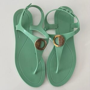 Versace Mint Green Jelly Thong Sandals with Gold Medallions